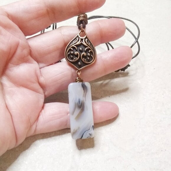 Dendritic Agate! Countrycore Stone & Copper Connector + Leather Necklace 22" - Picture 3 of 6
